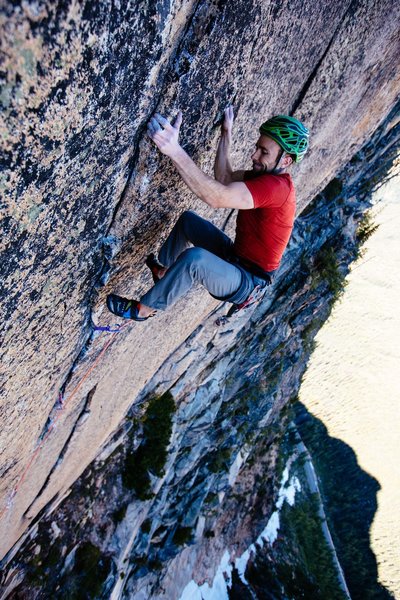 P4, described here as "Easily one of the best pitches of 5.12 you'll ever climb on granite." Matt Vanbiene
<br>
(weird angle, the climbing is ~vertical)