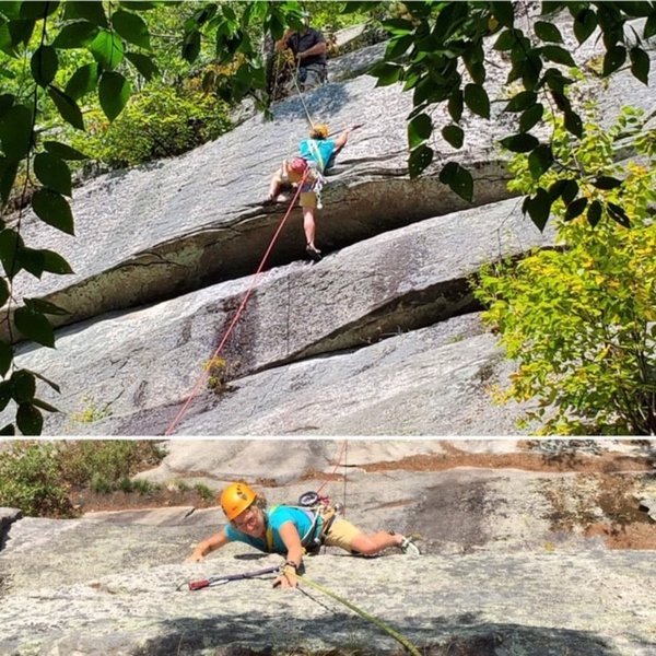 The up and down view of Spirit Guide crux roof with Penni Kaufman. Top photo by Rich Leswing. Bottom photo by Jamie Cunningham.