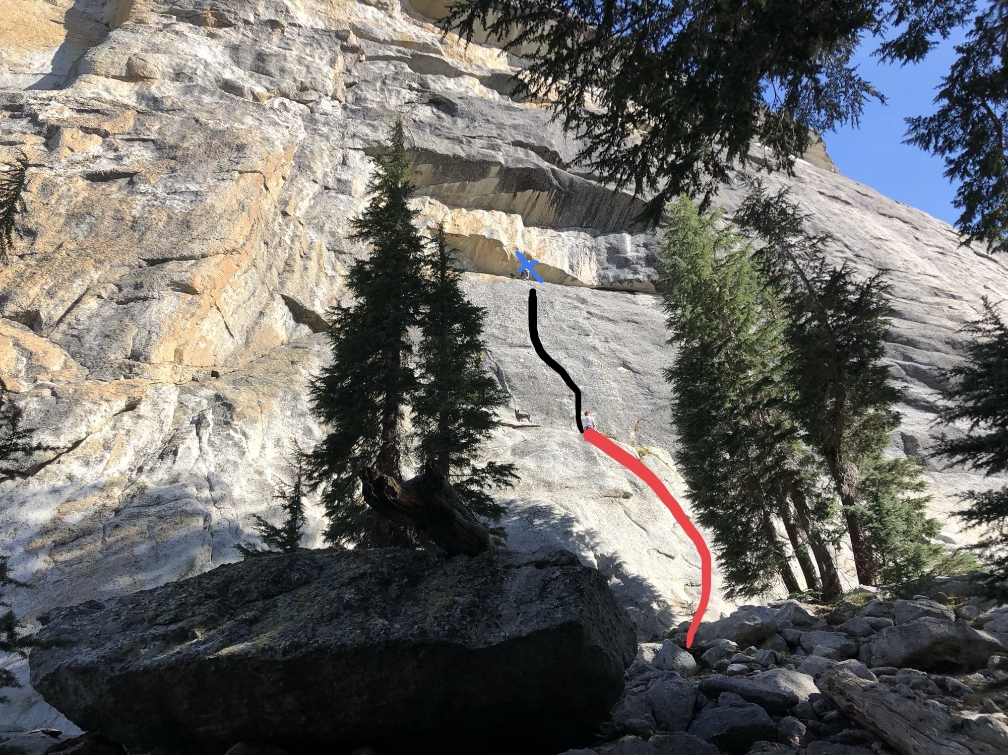Blue is anchors, black is approx. the bolted route of 5 bolts, and red