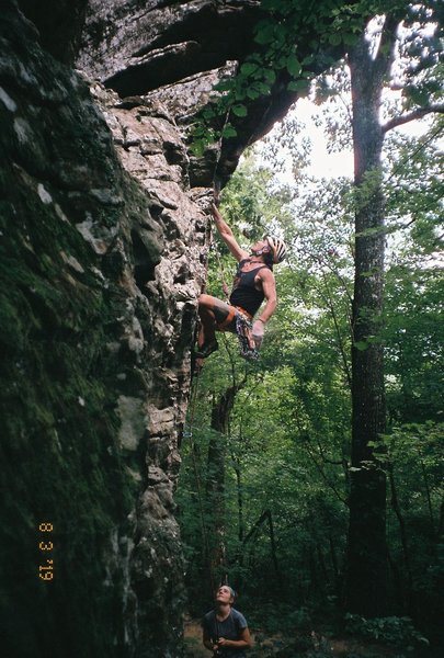 Steve Kirk climbing below the roof. (Ian Rogers photo)