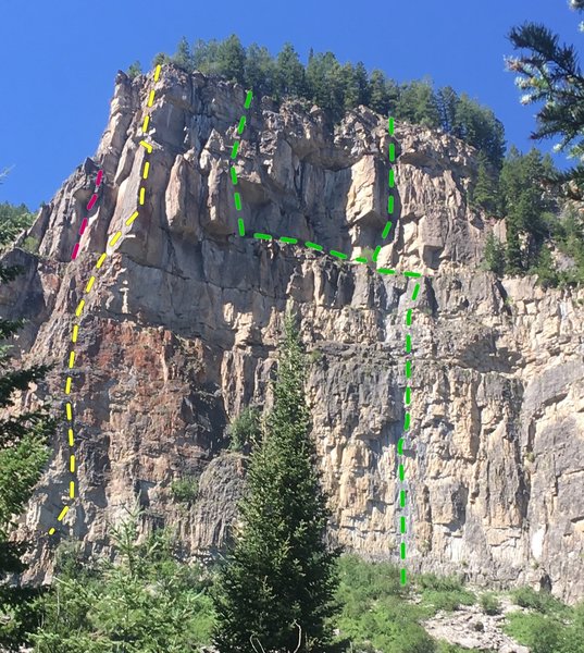 Silker Wall, Boy Scout Cirque, TV Arête left sun shade, Moonrise Kingdom, right of foreground tree, Madatory Air roof crack in red.
