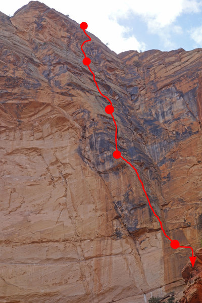 All of Sandrailin', with the first pitch of Dune Buggyin' obscured. Belays marked.