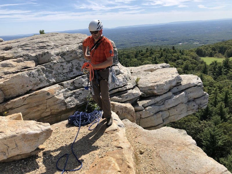 Marty Molitoris of Alpine Endeavors at the top of Gargoyle. Presumably, the jutting rock behind him inspired the name.