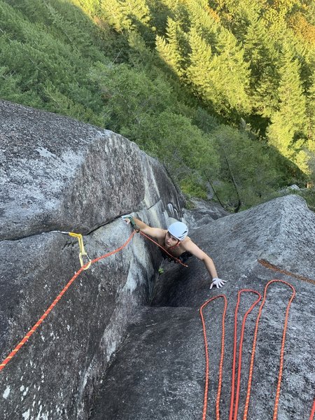 Reaching for a nice pod after thin, sustained 5.10 corner climbing