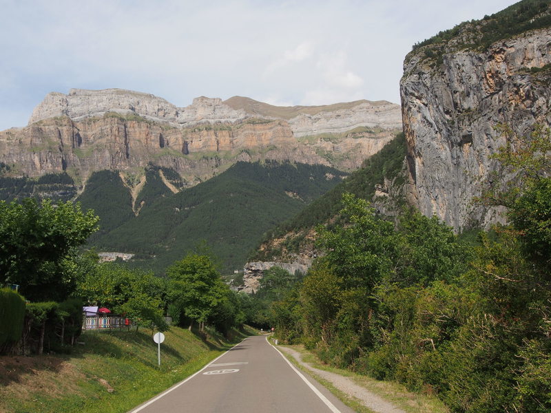 Driving out of Torla towards Odesa Nat. Park. On the right, one of the sport areas. Straight ahead, about 1/6th of the East Wall of the Ordesa Valley