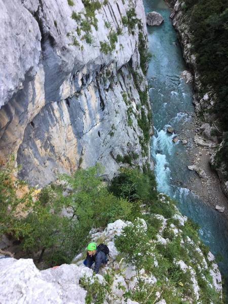 Nearing the 2nd belay showing the indistinct rib that P1 and 2 follows