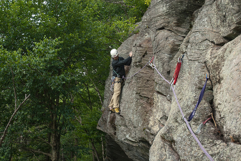 Jon Sykes following my FA girdle traverse, Corset Conundrum (aka My Girdle's Too Tight) 5.8, 60', at The Portal. Photo by Jamie Cunningham.
