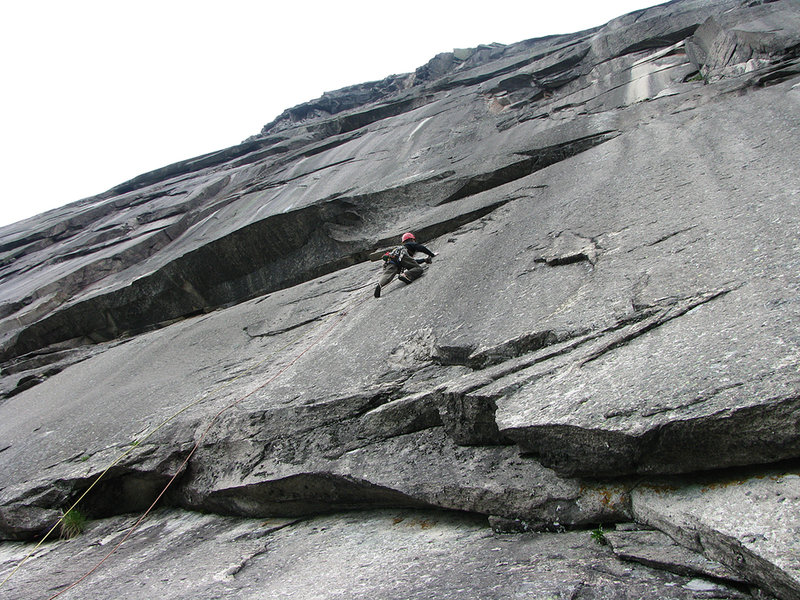 Looking up the Big Wall with climber on the Lab Wall. Photo by Jamie Cunningham.