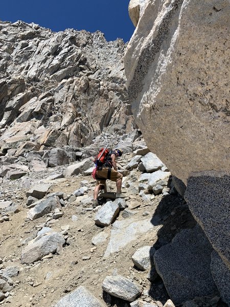 About halfway up SW Chute AUG 2019. Loose boulders over dirt which is typical of 90% of the chute.