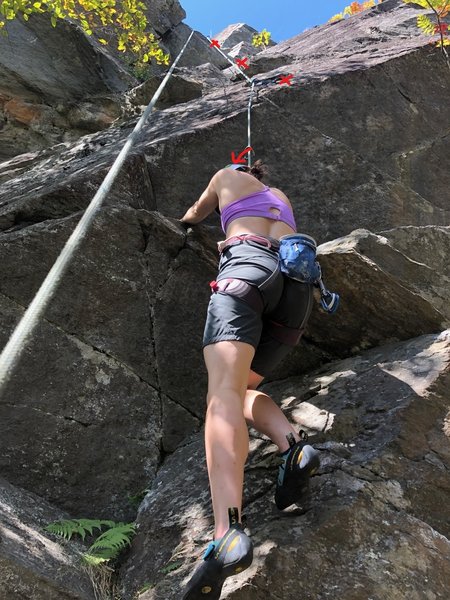 Nicole following The Crow's Nest. View from the belay ledge up to the first (high) bolt