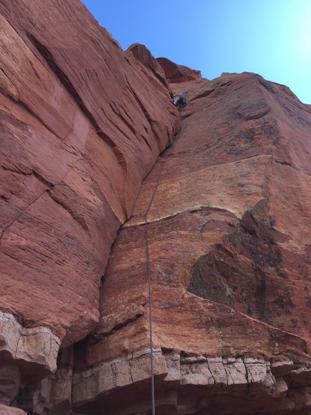 Mark cruising up P1. The crux for me was actually getting off the ground and into "lie-back mode".