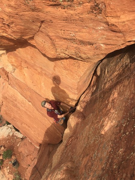 Me cleaning P1. I thought this pitch was the best part of the climb.