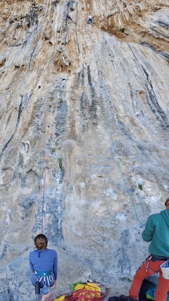 Yanic working the upper Crux of Cigarillo and wondering what's with these crusty wedge anchors up here :-)