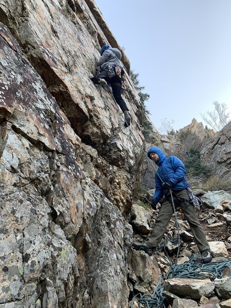 The start of Colander Man. I think the cold was getting to my belayer as he looks like he's gonna puke/die