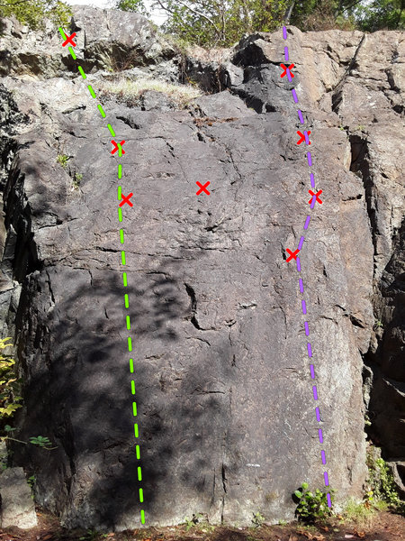 Visible routes on NM wall from approach trail.
<br>
Green is Washing the Elephant
<br>
Purple is Just Barely Hanging On
<br>
There is a single rusty bolt between the two routes