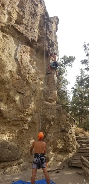 Right under the crux. Fun route, pumpy, committed moves.