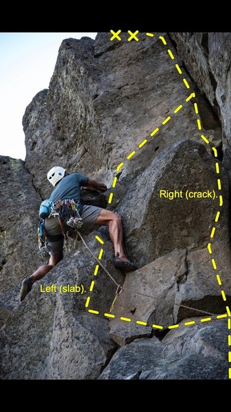 Pictured here are "Ajax" leading up the crack on the right, and "Ajax Variation" stepping onto the slab to the left.