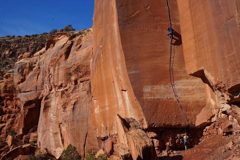 Drew Allison entering the route's upper crux where the route progressively widens through fists to offwidths.