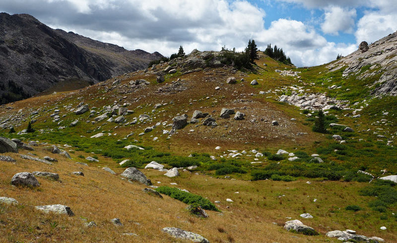 The start of the XC route to Wilderness Basin from Cloud Peak camp. Bypass the upcoming lake on the left, follow the faint path down into the woods. Stay at the same contour as best you can and you'll reach the drainage out of WB w/o an epic.