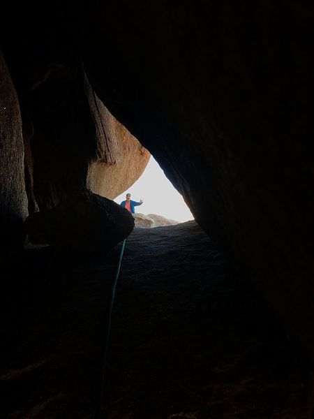 Anchored across the P2 tunnel just outside the farside exit. A literal walk across the tunnel ledge, and spacious enough for a family of six if campground full. Able to link P1 and P2 as depicted in JT West with manageable rope drag. Photo by Robert.