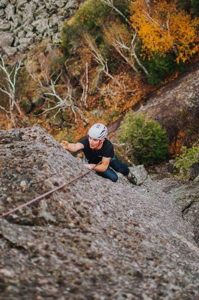 Conner Kranz starting the crux of Rubble Trouble Direct.
<br>
PHOTO: Kyle Ellefson