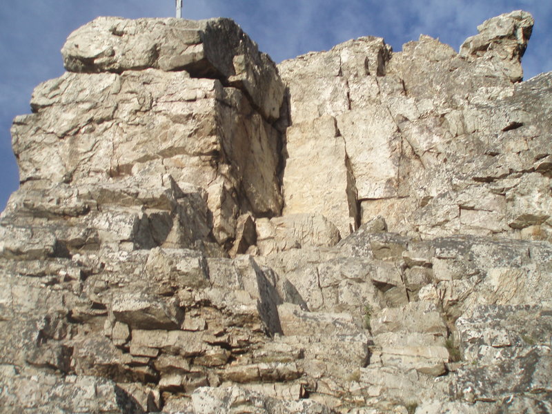 The final pitch that I did NOT climb. This photo doesn't display the overhanging nature of the rock well. Unsure as to whether I could find an easy downclimb, I worked around below and climber's left, where I met climbers who showed me the easy way.