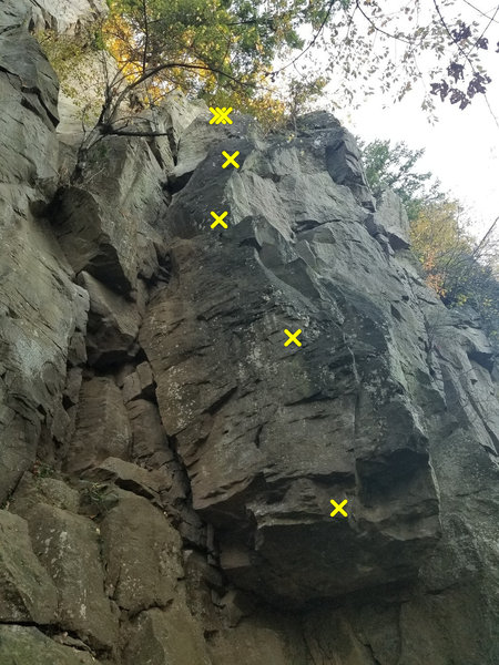 Above the roof to the left of the arete