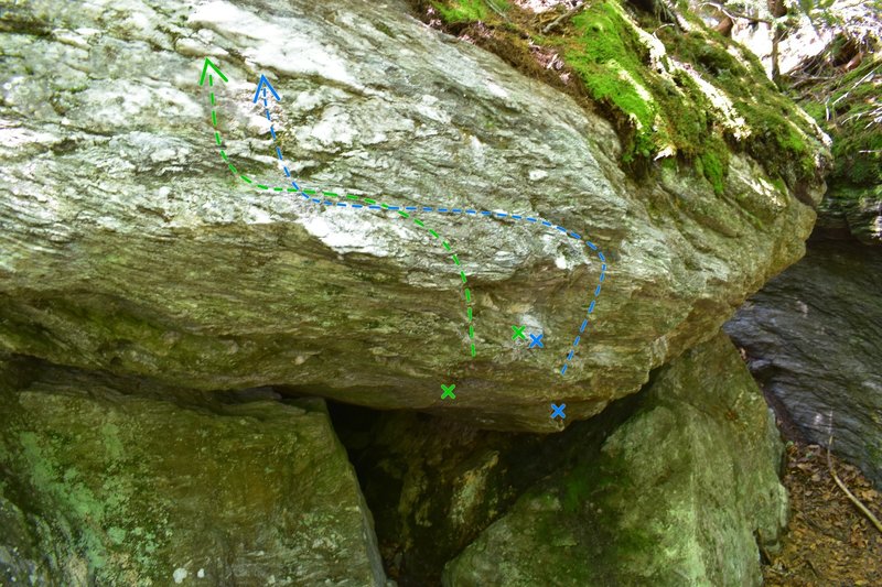 The problems. Although they look similar, they actually climb quite differently! Green is "Slugs and Ditches" while Blue is the Low.