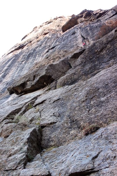 Looking up from base of the route at pitch 1. The climbers are on pitch 2.