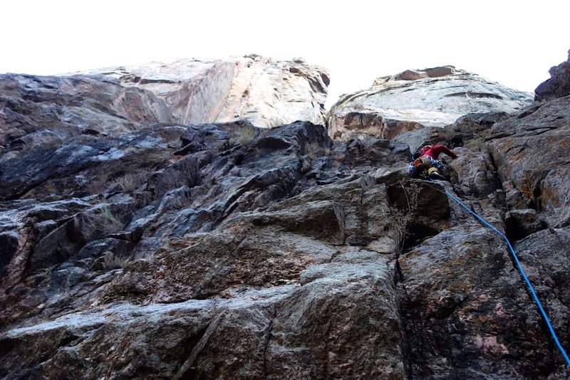 The low-to-mid 5th on approach to base of pitch 1 of Journey Home. Roping up here is personal choice.