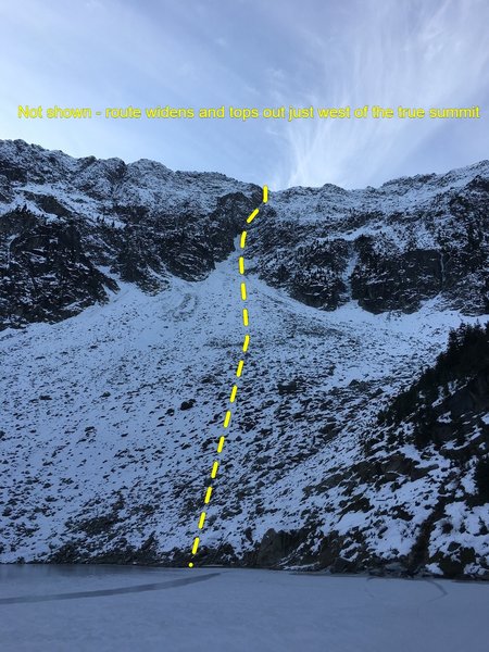 The route goes up the main gully at the center of the shot. Stay in it, and wear a helmet!