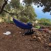 Hammock (not ours) slung near "Ilektra" with view of the ocean.