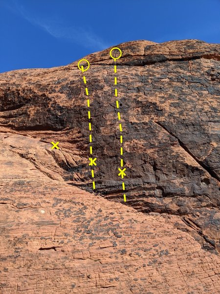 Left side of the wall. Approach from the right through the chimney slot "canyon". Left line is Crazy Eights, right line is Mother's Milk. Marked bolt on far left is the 10a Chrome Dome.
