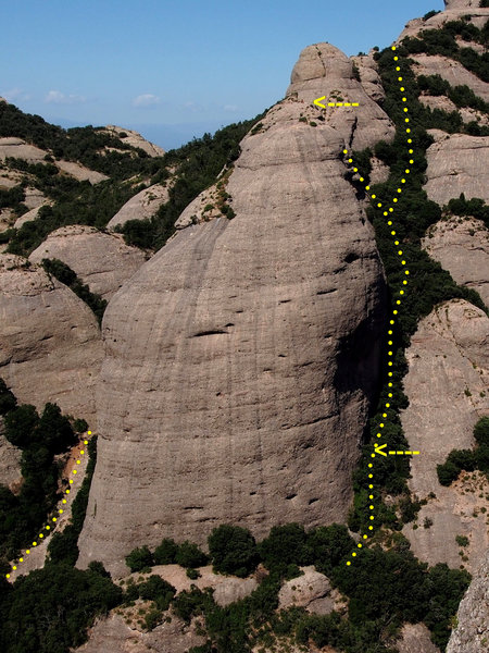 La Panxa del Bisbe - arrows point to climber's More photos on these. NOTE- The top climbers are on top of the formation. Note how it blends in with the formation to its rear.
