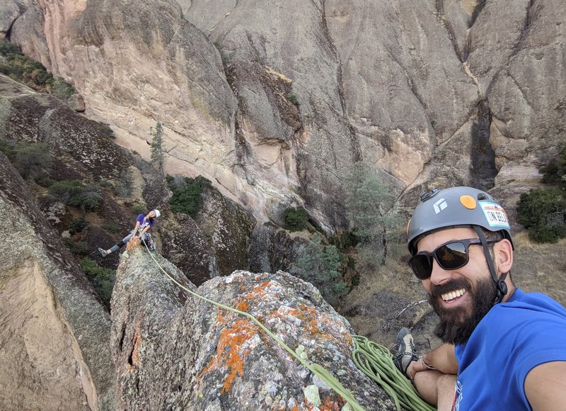 Jun and I on top of Knifeblade 5.5R as seen from the anchors on the east side of the climb.