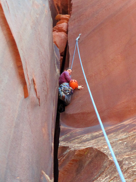 Sarah finishing on the crux slot.