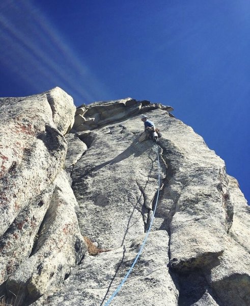 The beautiful 5.10 splitter on the crux pitch. The route continues out of view to the left, but I would now probably continue through the broken roofs, getting more gear but also maybe increasing the grade.