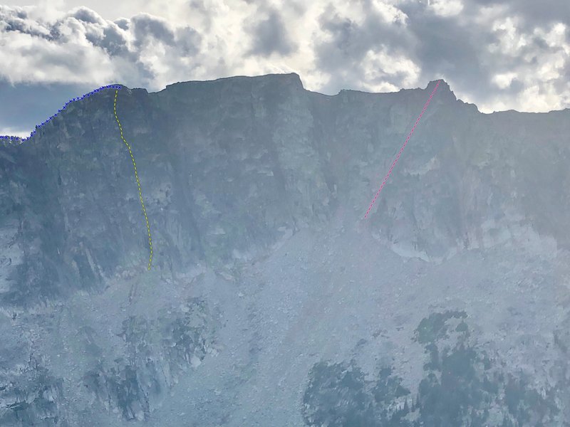 Visitors in the Night (yellow)
<br>
descent (blue)
<br>
Another route we put up that day (pink) 5.9