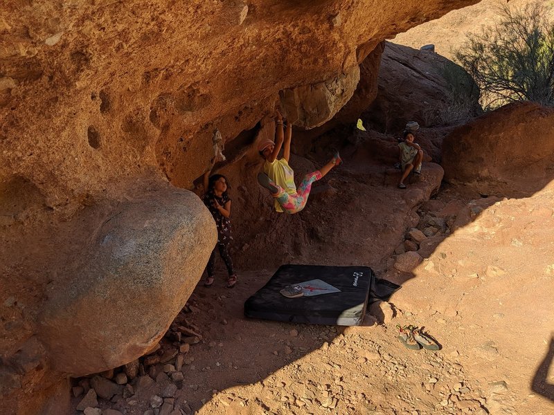 Flaming testicle boulder. Good solid holds, fun boulder.