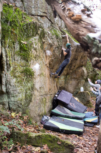 Roger Li leaping for the finish jug.