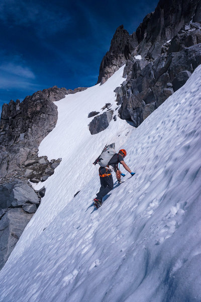 Don heading up the coulior to gain the middle notch.