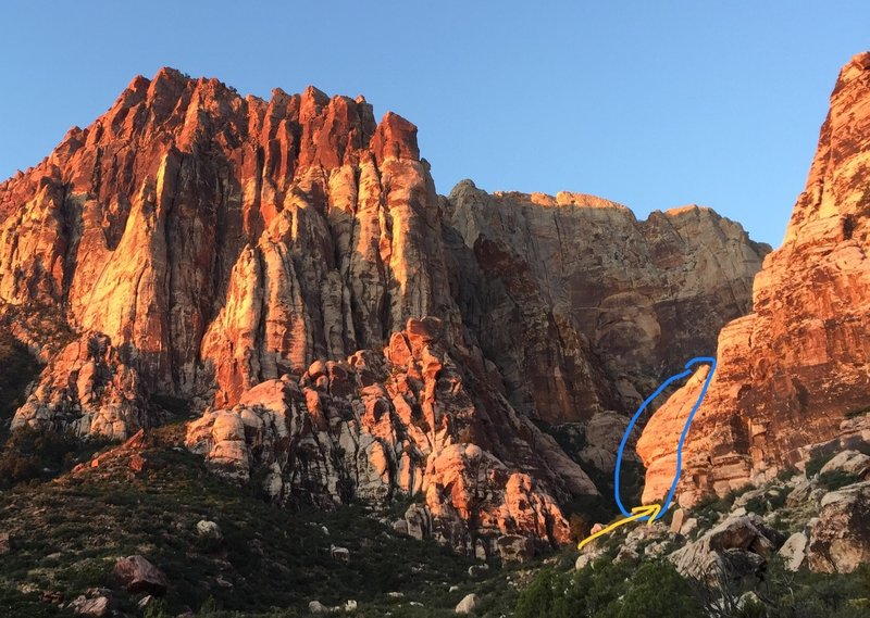 From the approach trail. The blue area is the part of Jackrabbit you need to get to. You do NOT need to enter the canyon!