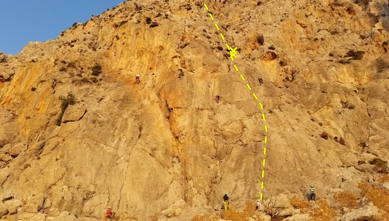 Les Copains d'Abord is a 600-foot multi-pitch adventure. Be cautious of climber's below.