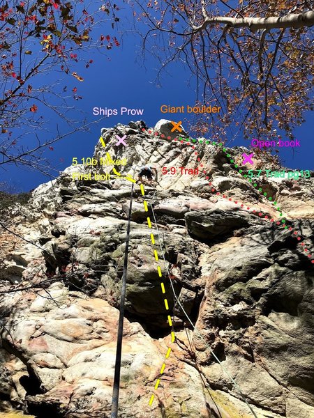 Lower climber leading up Grace Under Pressure (up and left of the ships prow), Upper climber cleaning warm up route to right.