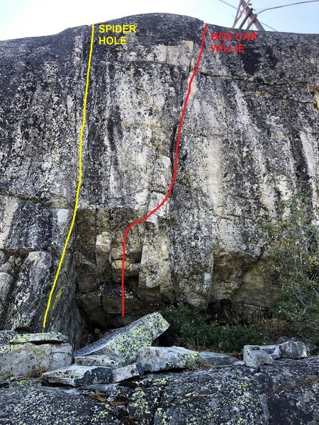 A view of Spider Hole and Box Car Willie on the main cliff face.