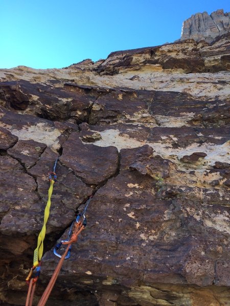 Gear anchor on P2. This was on the face above the big ledge.