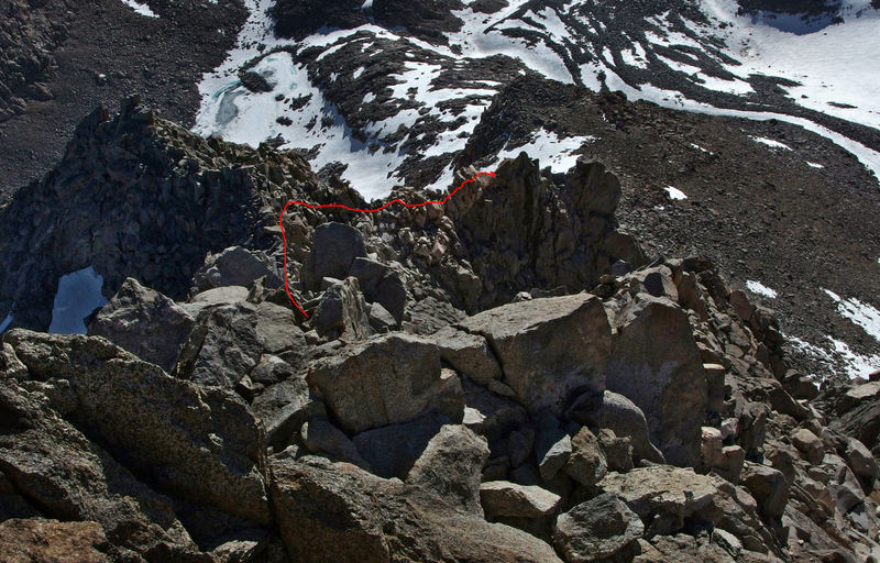 Not as steep as it looks. Approx line of the descent I took as seen from near the top of Winchell - June 2013