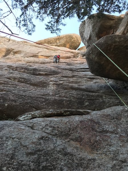John on come and get your love. He went right at the crux making it 5.9. He's 11 and a little short for the crux move