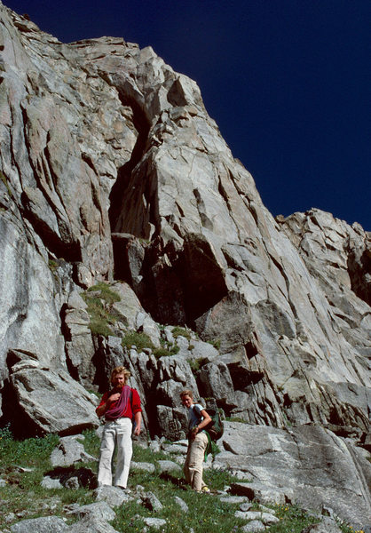 Mark Whiton and Mary Erdei at the base of the West Pillar of Bollinger after our attempt in August 1979