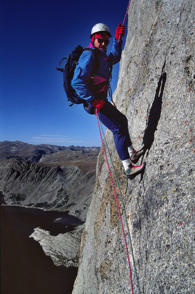 Dale Navish rapping the West Face of LTS in Sept 1989
